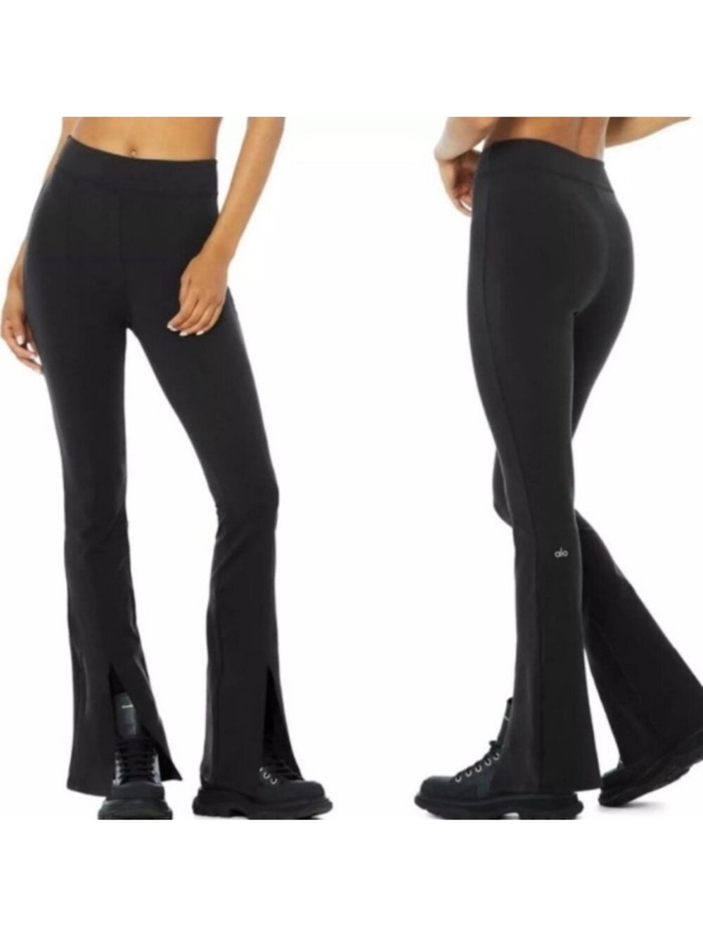 Alo Black Airbrush Flutter High Waist Stretch Flare Split Hem Leggings Small